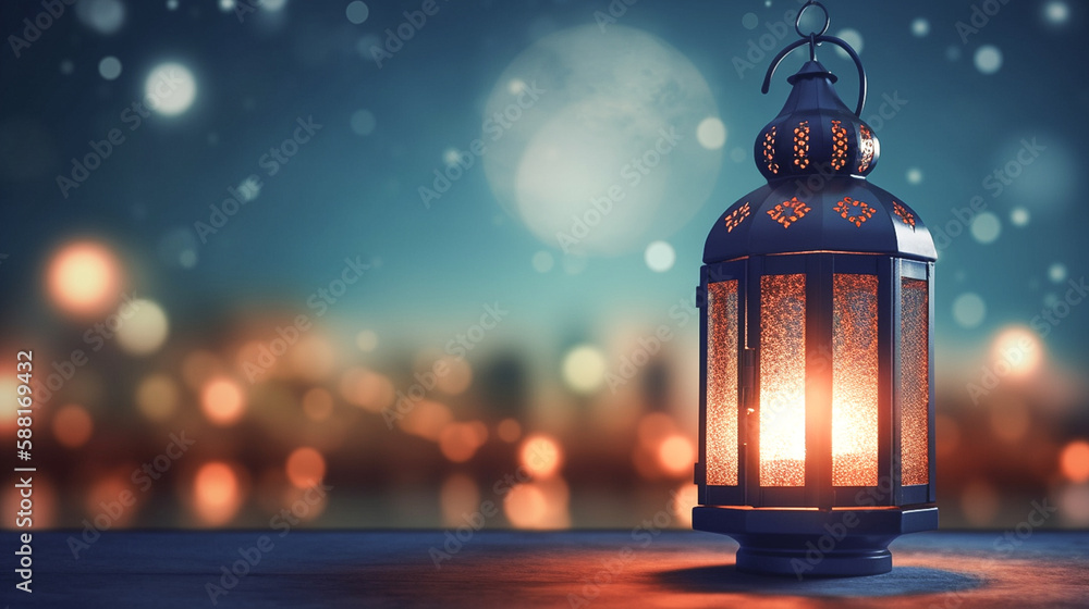Ramadan Kareem background. Ramadan lantern on bokeh background, Generative Ai