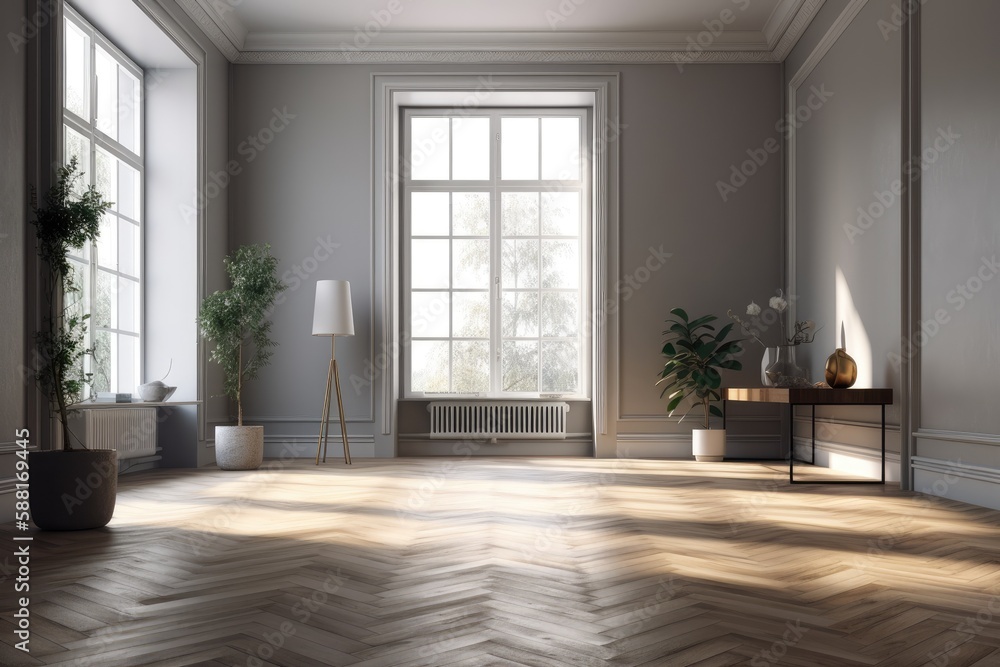 Illustration of an empty room with wooden flooring and natural lighting from two windows. Generative AI