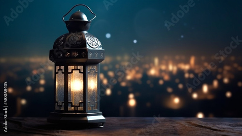 Ramadan Kareem greeting card. Arabic lantern on wooden table with blurred cityscape background, Generative Ai