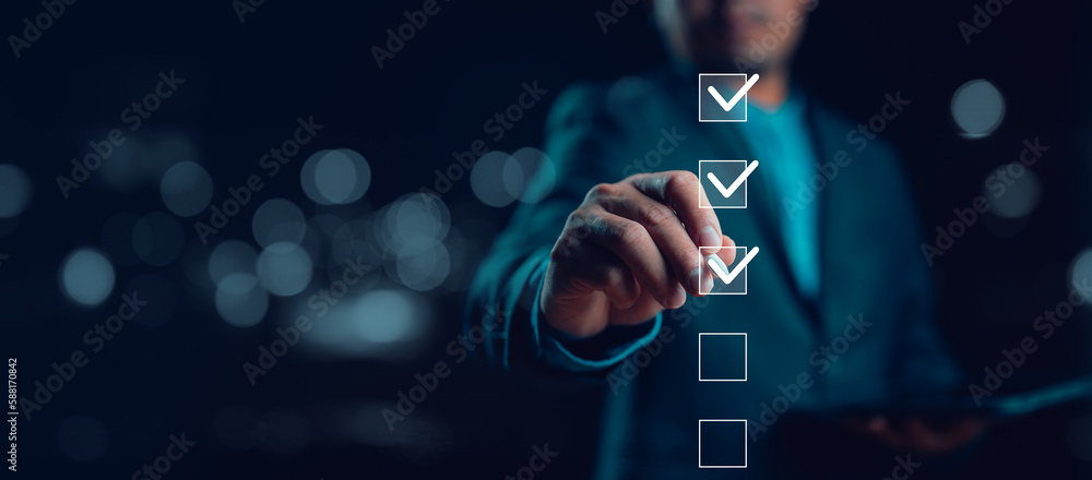 Naklejka premium Businessman tick correct sign mark for document approve, project acceptance and quality assurance concept, take an assessment, questionnaire, evaluation, online survey, online exam, checklist.