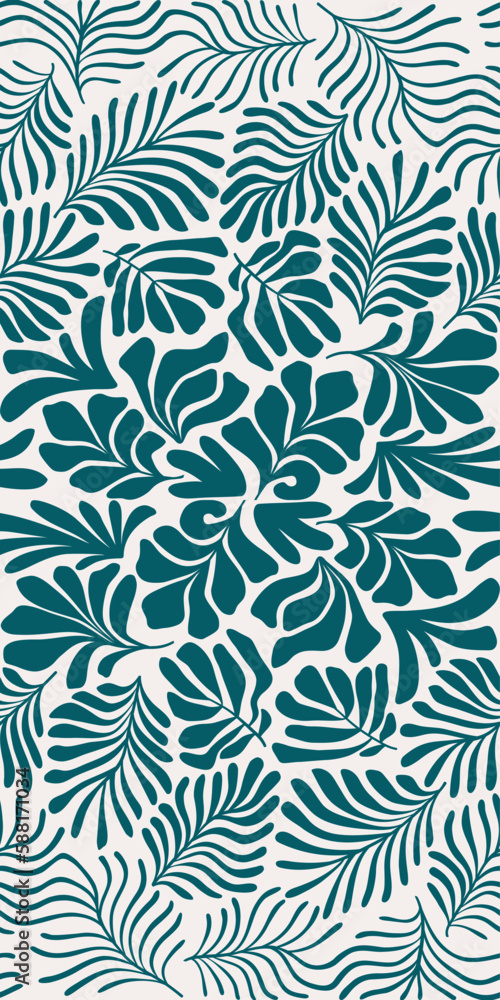 Blue green abstract background with tropical palm leaves in Matisse style. Vector seamless pattern with Scandinavian cut out elements. Blue green abstract background with tropical palm leaves in Matisse style. Vector seamless pattern with Scandinavian cut out elements.