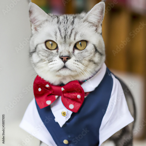 Tabby Cat in bowtie and vest. Cute Fancy Dapper Kitty Cat. Red Bow Tie. Polka dot Bowtie White and Blue Vest. Cat in Clothes Clean Cut Dressed up. Generative AI