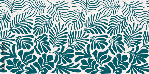 Blue green abstract background with tropical palm leaves in Matisse style. Vector seamless pattern with Scandinavian cut out elements.