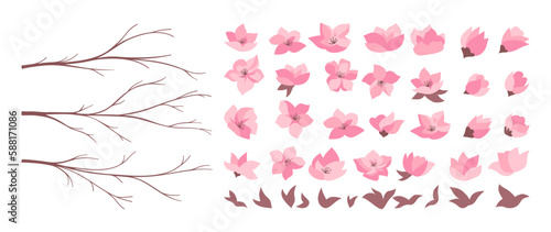 Cherry blossom blooming branches sakura collection. Asian set for compose branches and flower petals. Blossom cherry oriental twigs, pink flowers isolated. Elegant Japanese spring vector illustration