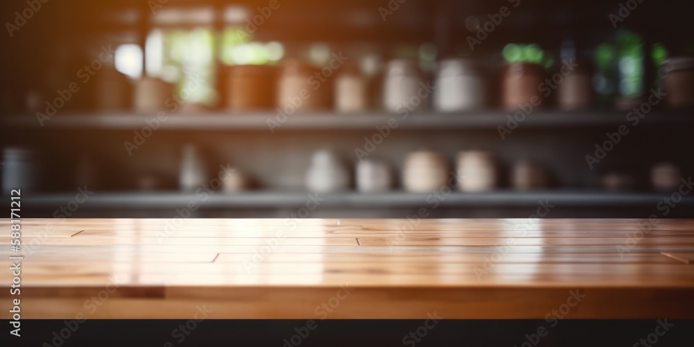 empty table top with out of focus lights and bokeh on traditional kitchen background.Generative AI