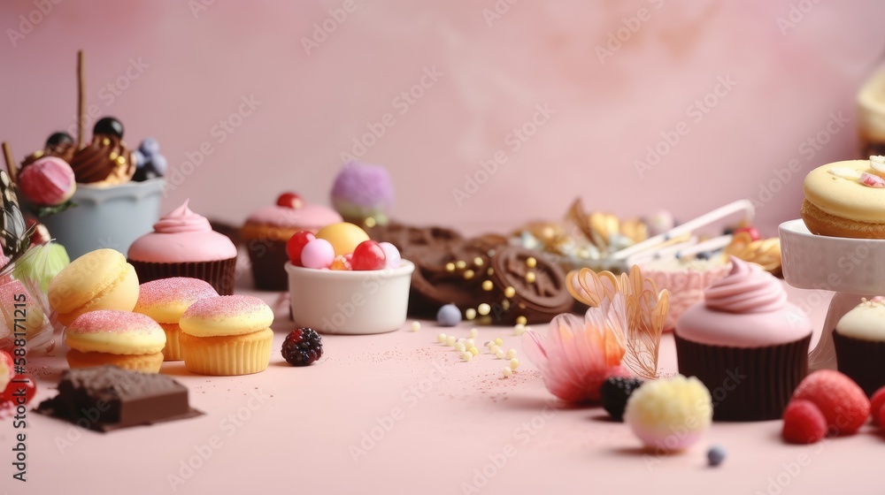 Birthday party-themed background with space for copy, featuring an arrangement of delicious-looking cupcakes, cake slices, and sweets. Generative AI
