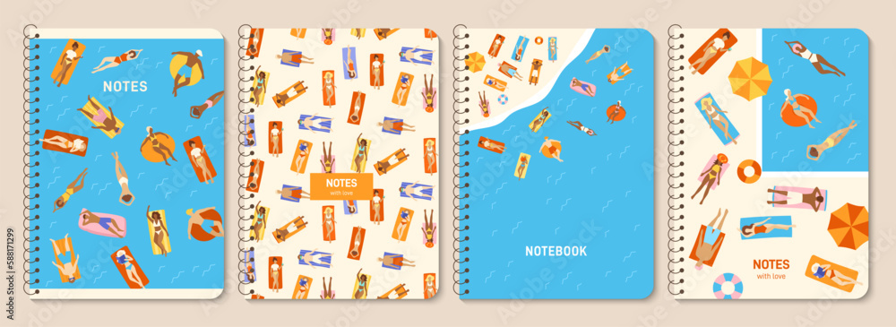 Notebook People sunbathing and relaxing in beach trendy notepad cover set. Summer activity design for planner, brochure, book, catalog. Decorative layout page print template summertime leisure poster Notebook People sunbathing and relaxing in beach trendy notepad cover set. Summer activity design for planner, brochure, book, catalog. Decorative layout page print template summertime leisure poster