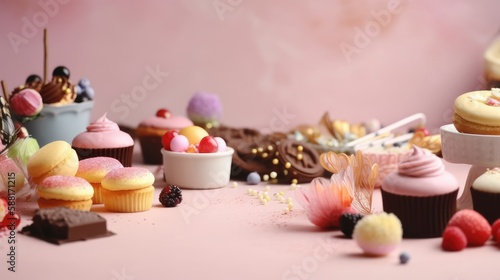 Birthday party-themed background with space for copy, featuring an arrangement of delicious-looking cupcakes, cake slices, and sweets. Generative AI © piai
