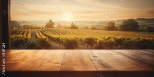 empty table top with out of focus lights and bokeh on vineyard view background.Generative AI