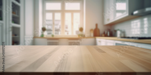 empty table top with out of focus lights and bokeh on modern minimalist kitchen background.Generative AI
