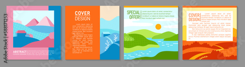 Cover or square card nature field landscape design set. Four seasons spring, autumn, summer winter page flyer, notebook planner poster. Brochure social media catalog. Decorative page background vector