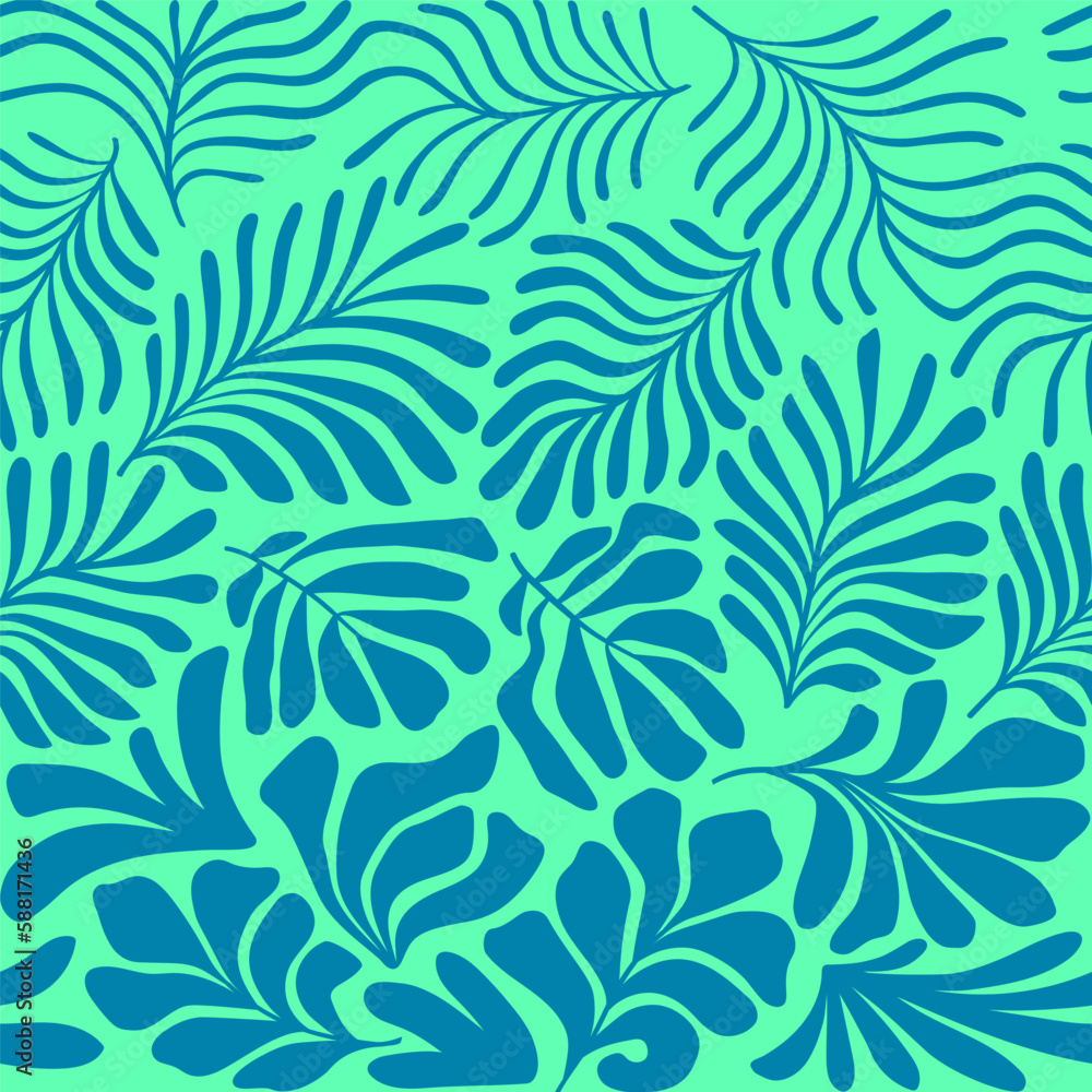 Turquoise blue abstract background with tropical palm leaves in Matisse style. Vector seamless pattern with Scandinavian cut out elements. Turquoise blue abstract background with tropical palm leaves in Matisse style. Vector seamless pattern with Scandinavian cut out elements.