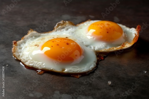 Two fried eggs on a griddle, close up, sunny side up photo