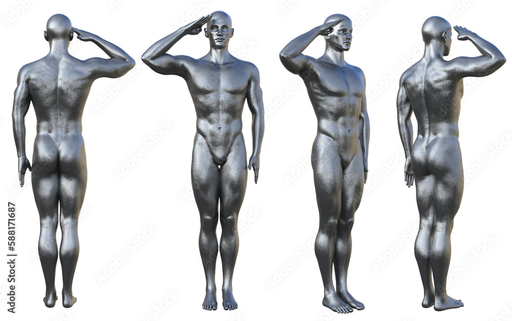 3D Render : Portrait of silver, iron metal texture male dummy character perform salute action, PNG transparent 3D Render : Portrait of silver, iron metal texture male dummy character perform salute action, PNG transparent