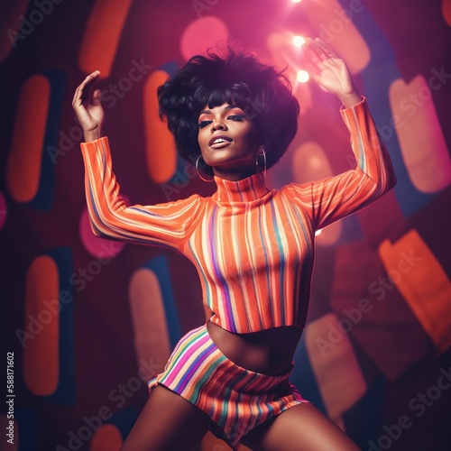 Retro Radiant African American Woman Jumps for Joy in Vibrant Colorful Background - Generative AI © Jacqy Law