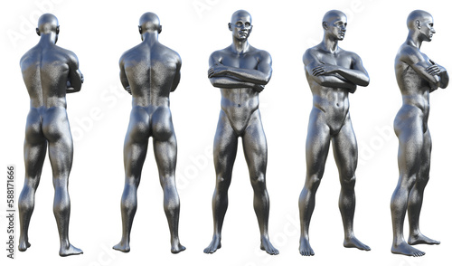 3D Render : Portrait of silver, iron metal texture male dummy character is standing with arm crossing , PNG transparent