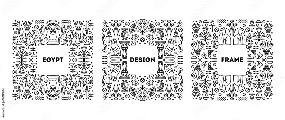Set of Egypt cover templates, decorative african borders, geometric ethnic frames. Black and white art decoration shapes set. African collection
