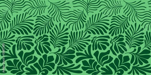 Fototapeta Naklejka Na Ścianę i Meble -  Green abstract background with tropical palm leaves in Matisse style. Vector seamless pattern with Scandinavian cut out elements.