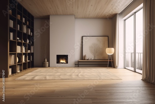 cozy living room with a classic bookshelf and a warm fireplace. Generative AI