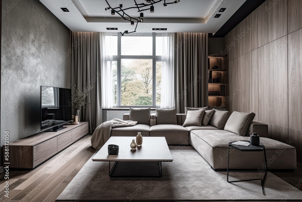Fototapeta premium modern living room with a comfortable sofa, coffee table and TV. Generative AI