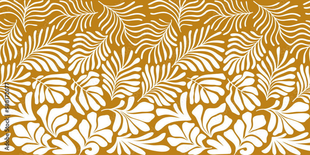Gold abstract background with tropical palm leaves in Matisse style. Vector seamless pattern with Scandinavian cut out elements.