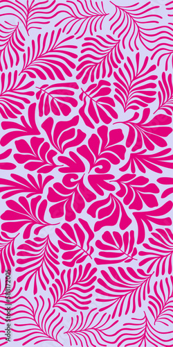 Purple pink abstract background with tropical palm leaves in Matisse style. Vector seamless pattern with Scandinavian cut out elements.