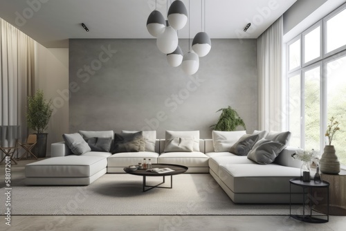 spacious and stylish living room with a comfortable sectional sofa. Generative AI © AkuAku