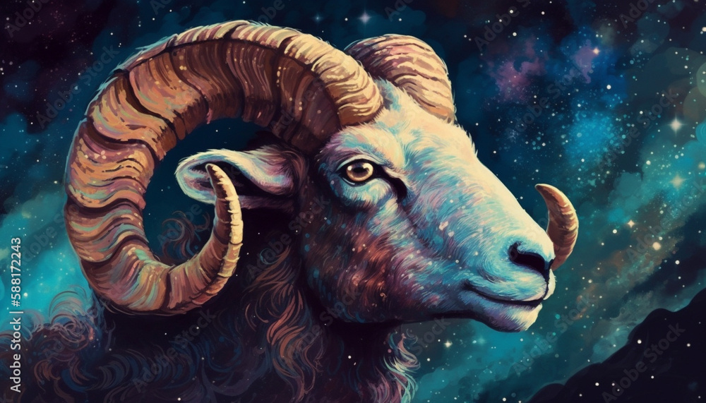 Aries Zodiac Sign Mid-Shot Illustration with Pastel Color Palette and Starry Night Sky Background Conveys Curiosity and Playfulness - Generative AI