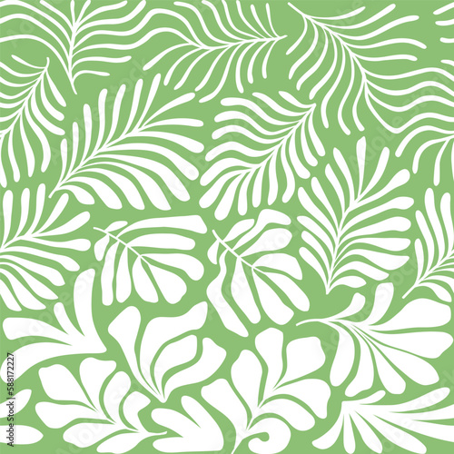 Green white abstract background with tropical palm leaves in Matisse style. Vector seamless pattern with Scandinavian cut out elements. © Oleksandra