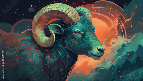 Aries Zodiac Sign in Vibrant Pastels Against Starry Sky - Conveying Playfulness and Curiosity - Generative AI