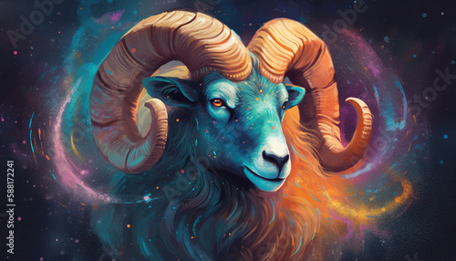 Aries Zodiac Sign in Vibrant Pastels Against Starry Night Sky, Conveying Curiosity and Playfulness - Generative AI