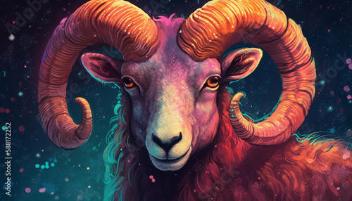 Aries Zodiac Sign in Vibrant Pastels against Starry Night Sky, Conveying Curiosity & Playfulness - Generative AI