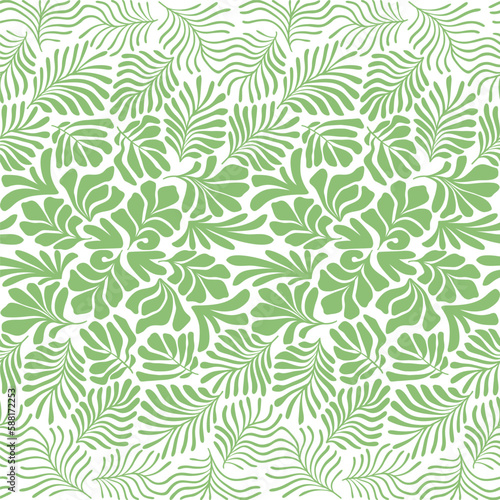 Green white abstract background with tropical palm leaves in Matisse style. Vector seamless pattern with Scandinavian cut out elements.