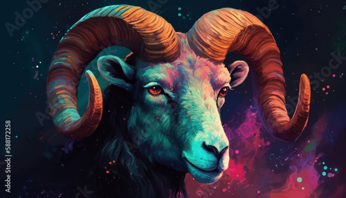 Aries Zodiac Sign in Vibrant Pastel Colors Against Starry Night Sky, Conveying Curiosity and Playfulness - Generative AI