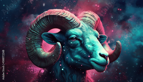 Aries Zodiac Sign in Vibrant Pastel Colors Against Starry Night Sky Conveys Playfulness and Curiosity - Generative AI