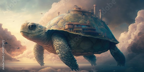 Fotografie Beautiful conceptual fantasy image of turtle kingdom in the sky