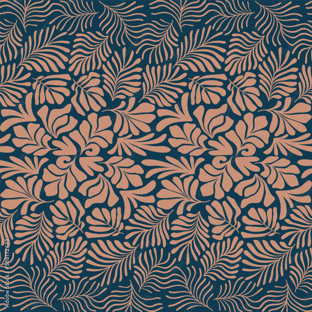 Brown blue abstract background with tropical palm leaves in Matisse style. Vector seamless pattern with Scandinavian cut out elements.