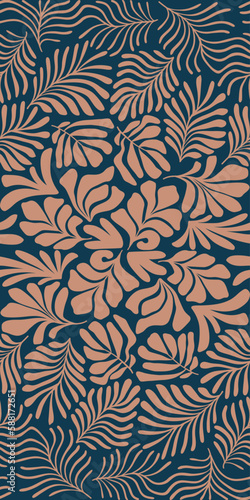 Brown blue abstract background with tropical palm leaves in Matisse style. Vector seamless pattern with Scandinavian cut out elements.