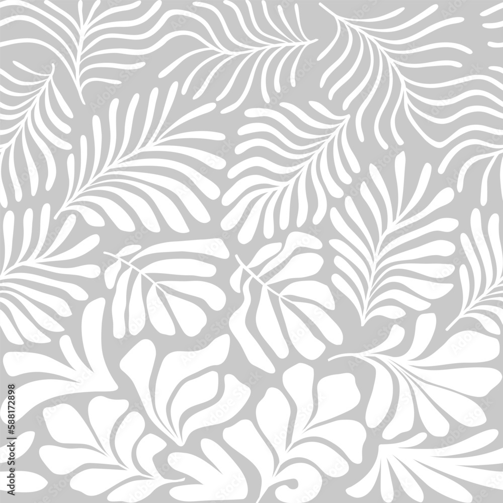 White gray abstract background with tropical palm leaves in Matisse style. Vector seamless pattern with Scandinavian cut out elements. White gray abstract background with tropical palm leaves in Matisse style. Vector seamless pattern with Scandinavian cut out elements.