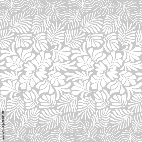 White gray abstract background with tropical palm leaves in Matisse style. Vector seamless pattern with Scandinavian cut out elements. © Oleksandra