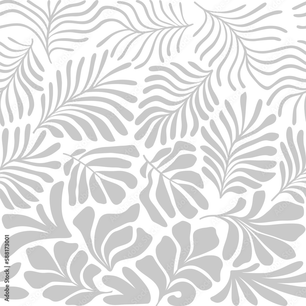 Fototapeta premium White gray abstract background with tropical palm leaves in Matisse style. Vector seamless pattern with Scandinavian cut out elements.