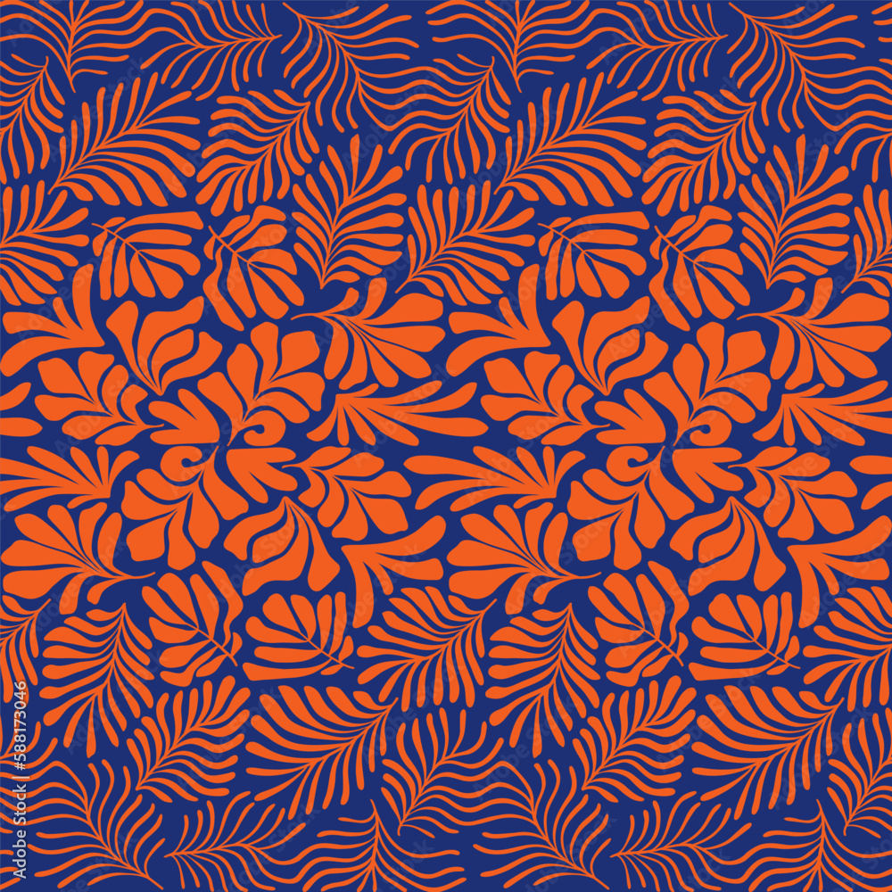 Orange blue abstract background with tropical palm leaves in Matisse style. Vector seamless pattern with Scandinavian cut out elements. Orange blue abstract background with tropical palm leaves in Matisse style. Vector seamless pattern with Scandinavian cut out elements.
