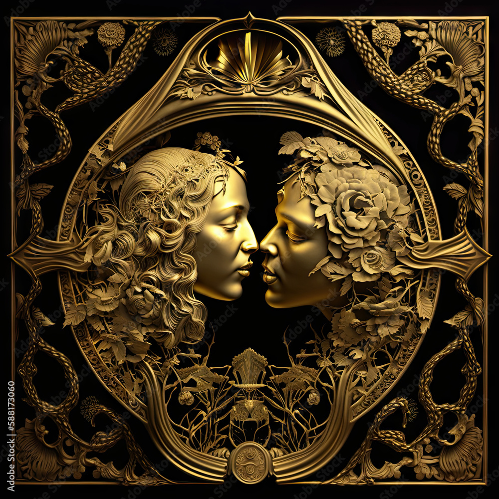 Illustration of a couple of golden faces in a golden frame (generative ai) Illustration of a couple of golden faces in a golden frame (generative ai)