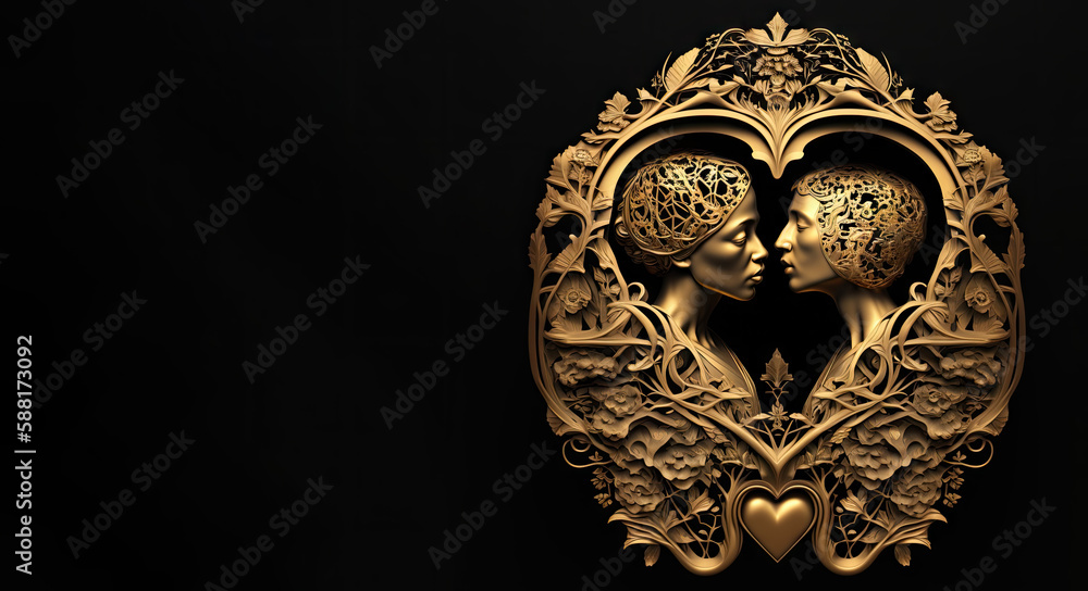 Illustration of a gold sculpture of two female faces with a dark background (generative ai)