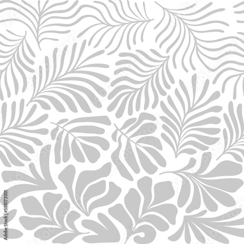 White gray abstract background with tropical palm leaves in Matisse style. Vector seamless pattern with Scandinavian cut out elements.