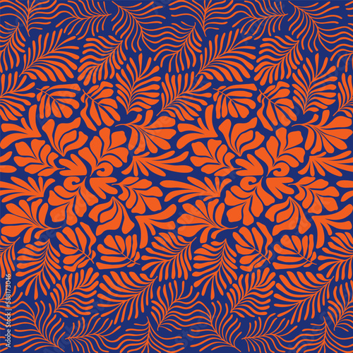 Orange blue abstract background with tropical palm leaves in Matisse style. Vector seamless pattern with Scandinavian cut out elements.