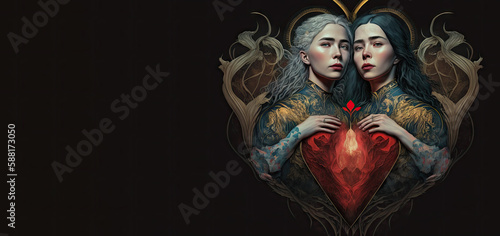 Illustration of two woman standing next to each other holding a red heart (generative ai)