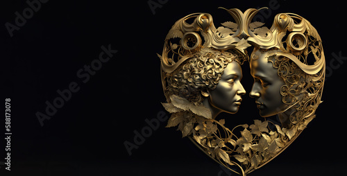 Illustration of a gold sculpture of two heads in a heart shape (generative ai)