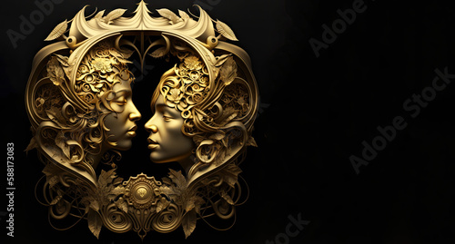 a golden sculpture of two faces with a black background (generative ai)