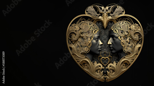Illustration of a golden heart shape with two woman's faces in the middle (generative ai)